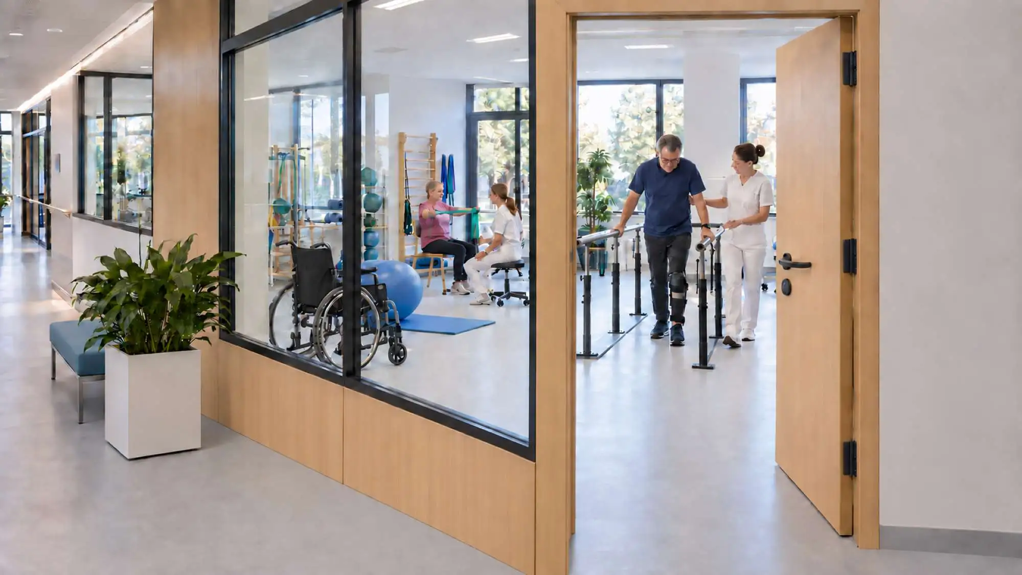 Bandeau panoramique : couloir accessible PMR d'un centre de rééducation, porte palière Deya