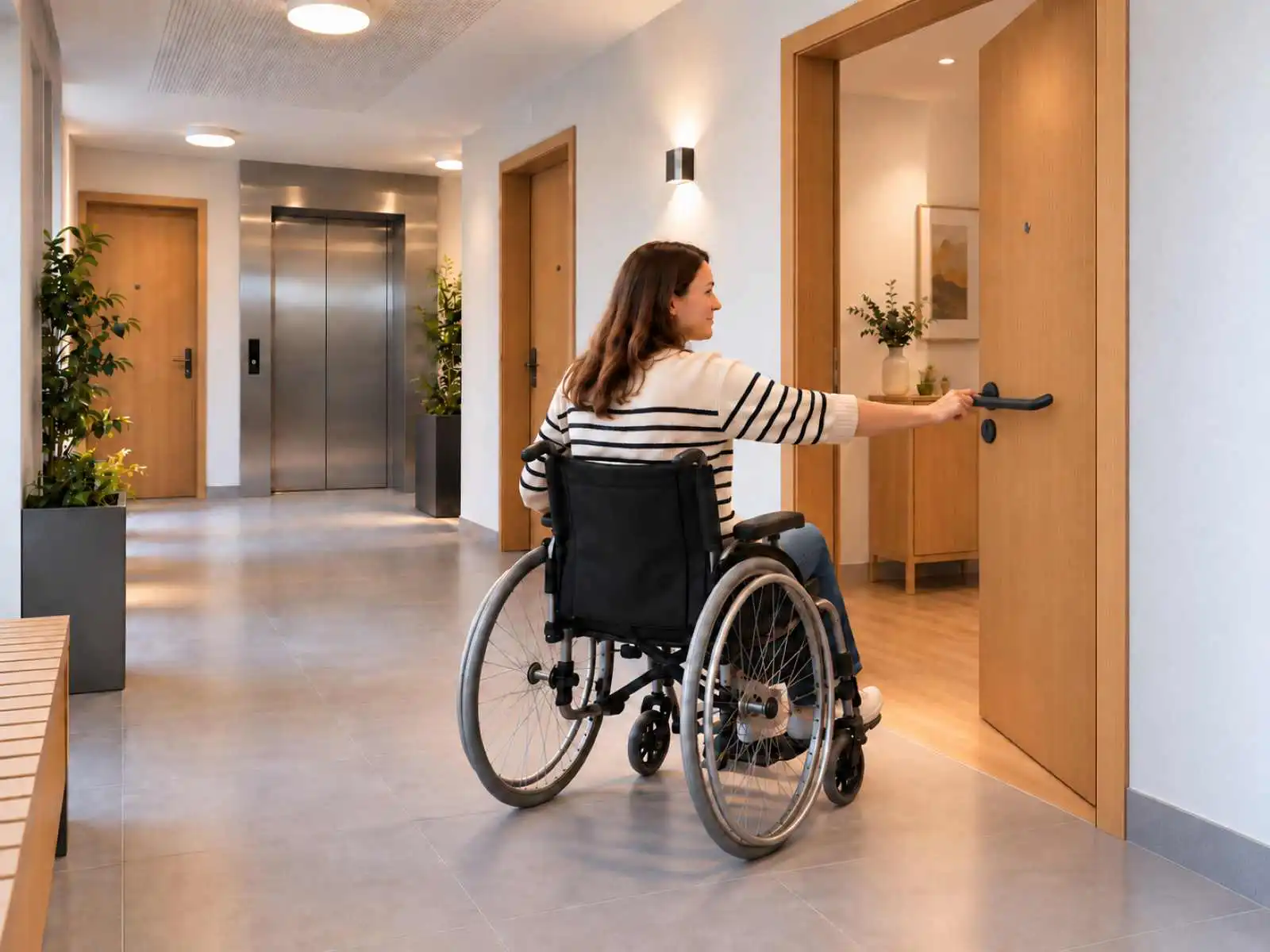 Bloc-porte palier PMR Deya, en situation dans un hall d'entrée