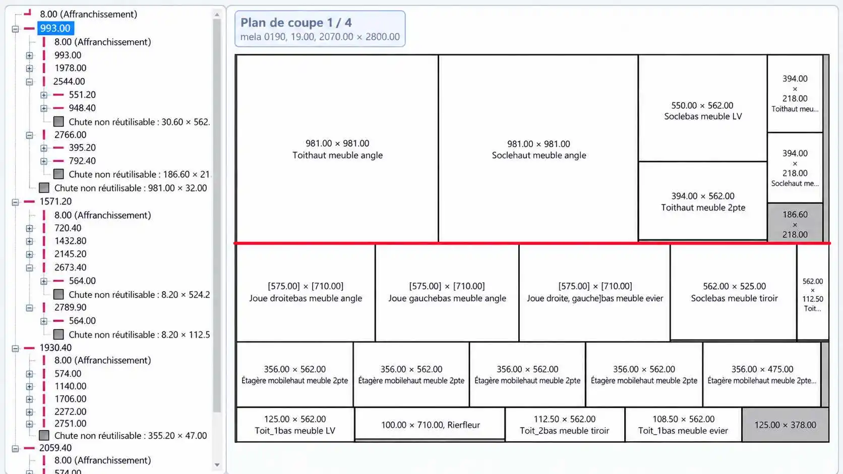 Exemple de plan de coupe optimisé par le logiciel Opticoupe
