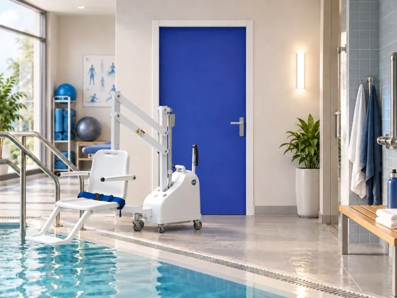 Porte Aquabloc bleu Blu Cobalto dans un espace de balnéothérapie équipé d’un lève-personne pour bassin