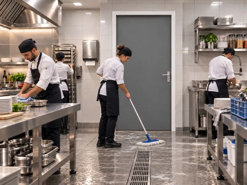 Porte Aquabloc gris Grigio Scuro dans une cuisine professionnelle pendant le lavage du sol à grande eau