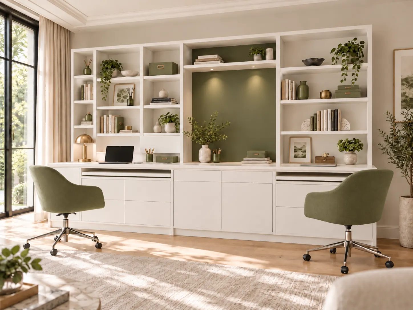 Bureau sur mesure et rangements vert olive fabriqués par l’atelier SOMADEC
