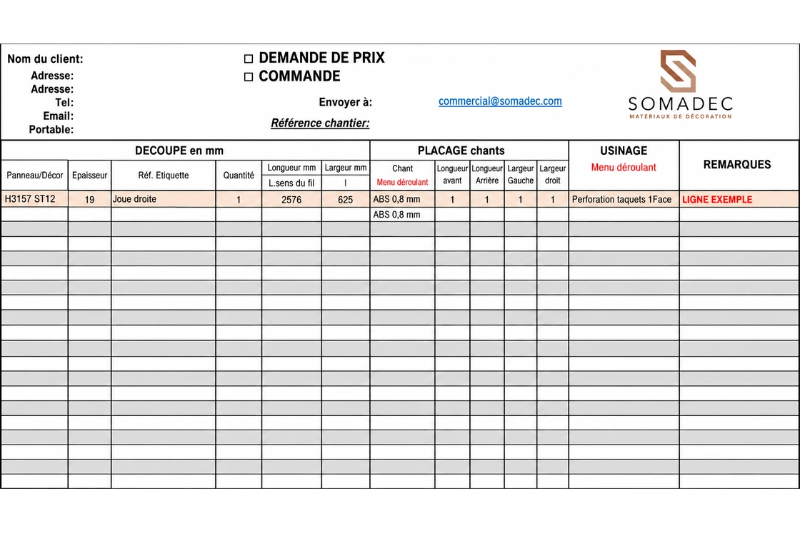 Fichier de saisie SOMADEC pour la découpe de panneaux (Excel)